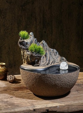 新中式桌面流水摆件室内家居客厅茶室电视柜禅意水景水晶球小景观