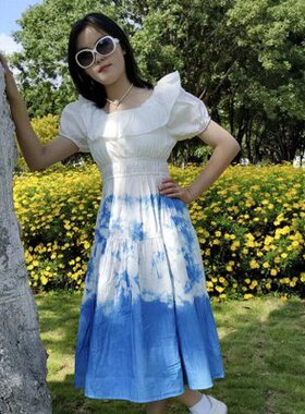 大理特色民族风手工扎染裙子夏季新品甜美休闲收腰纯棉吊带连衣裙