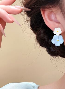 夏日清新蓝白撞色花朵流苏耳环甜美森系艺术生无耳洞耳夹