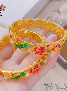 金店同款沙金珐琅荷花莲子珍珠手镯女款手环铜镀金复古设计感手饰