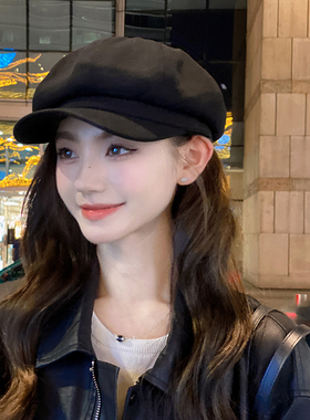 OVANCY显脸小八角帽女2026新款秋冬黑色复古贝雷帽日系鸭舌报童帽