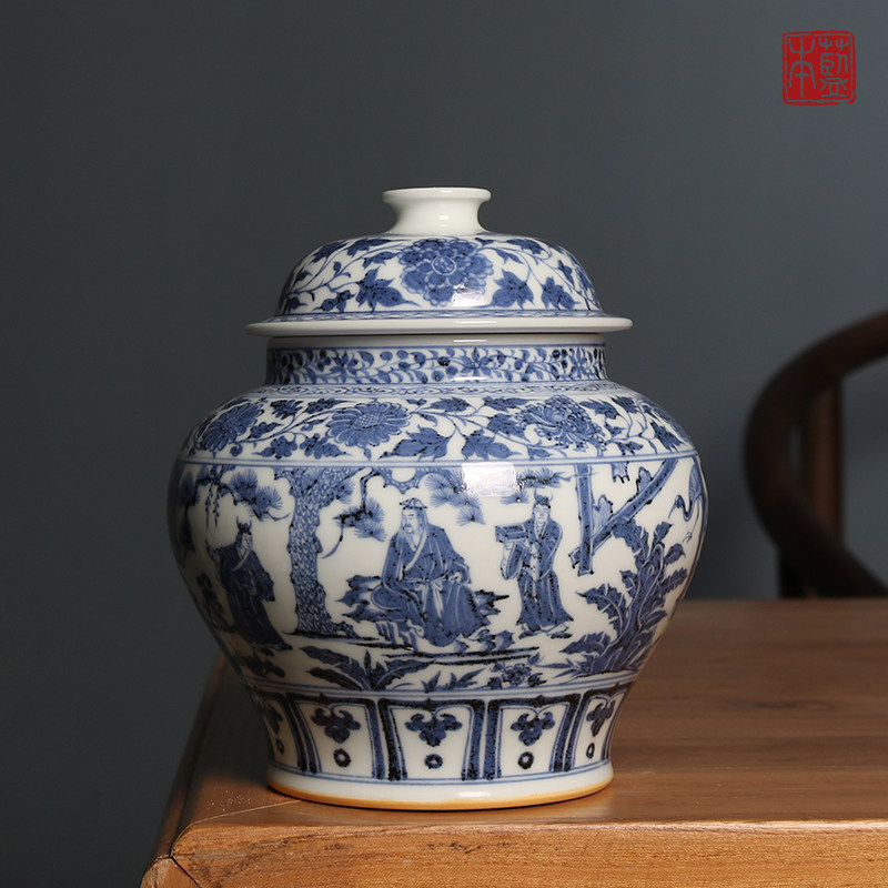 蓝本八大罐 元青花人物故事三顾茅庐人物图盖罐新中式陈设瓷器