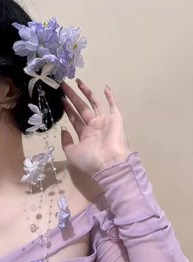 2025新款新中式紫藤花绣球花流苏发夹花朵侧边夹发饰女高级感头花
