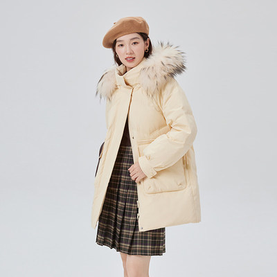 艾莱依羽绒服女士冬季大毛领中长款连帽国风盘扣时尚保暖显瘦外套