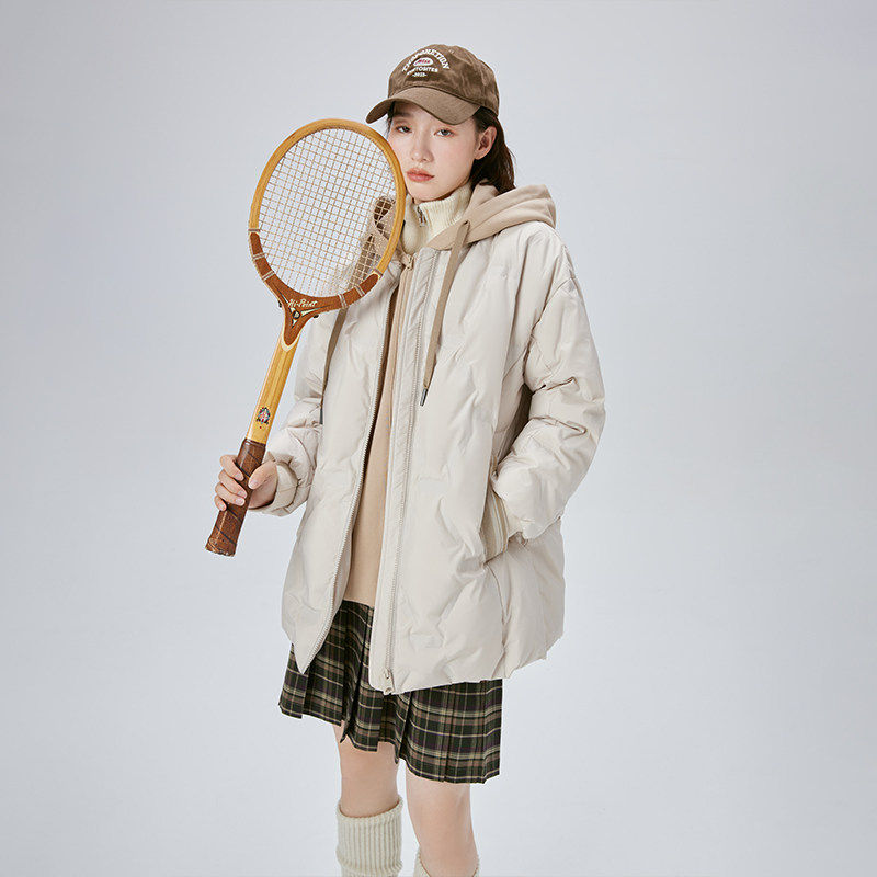 艾莱依冬季新款假两件羽绒服女连帽宽松