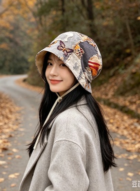 韩系复古印花春夏显脸小堆堆帽