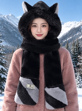 冬季女生猫耳连帽围巾一体保暖帽