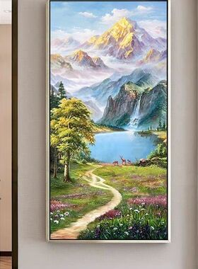 定制款金山聚宝盆手绘风景油画玄关竖版立体壁画轻奢高山流水挂画