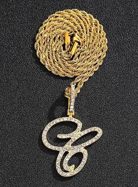 新款欧美嘻哈花体草体字母吊坠瓜子扣古巴链项链饰品字母吊坠批发