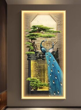 孔雀玄关装饰画发光新中式迎客松入户挂画吉祥鸟走廊过道带灯壁画