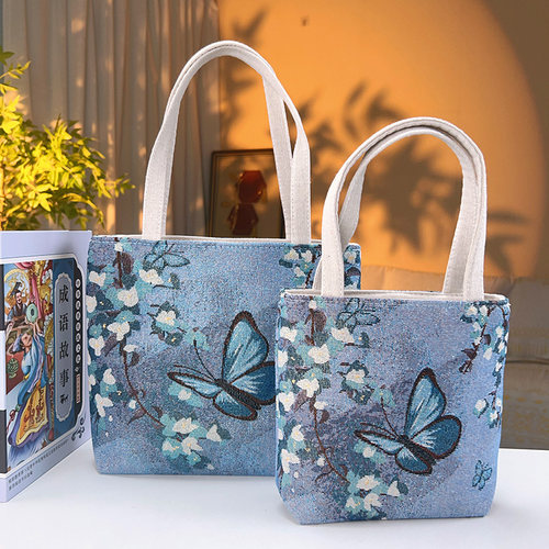 大容量帆布包女双面提花刺绣单肩包休闲百搭手提包上班通勤妈咪包 - 图3