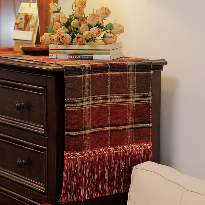 流苏红桌旗美式红格子餐桌旗家用长方形复古茶几盖布柜子台布定制,淘宝优惠券,粉丝福利购,淘宝优惠卷