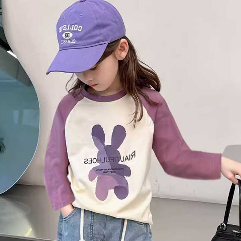 女童纯棉长袖T恤新款插肩袖春秋季儿童打底衫中大童女孩卡通上衣 - 图1