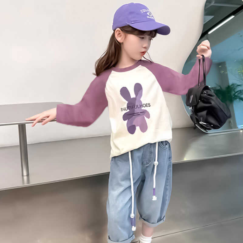 女童纯棉长袖T恤新款插肩袖春秋季儿童打底衫中大童女孩卡通上衣 - 图0