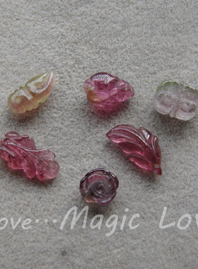 【Magic Love】天然玻璃体粉绿西瓜碧玺◎雕刻金鱼海螺小吊坠一组