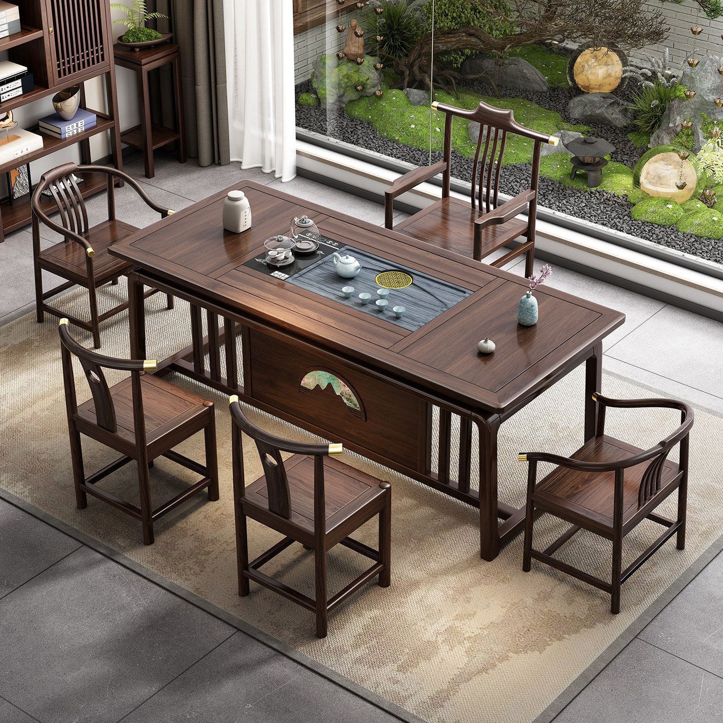 新中式乌金木实木茶桌茶台烧水壶一体茶桌椅组合办公室小型带茶盘,淘宝优惠券,粉丝福利购,淘宝优惠卷