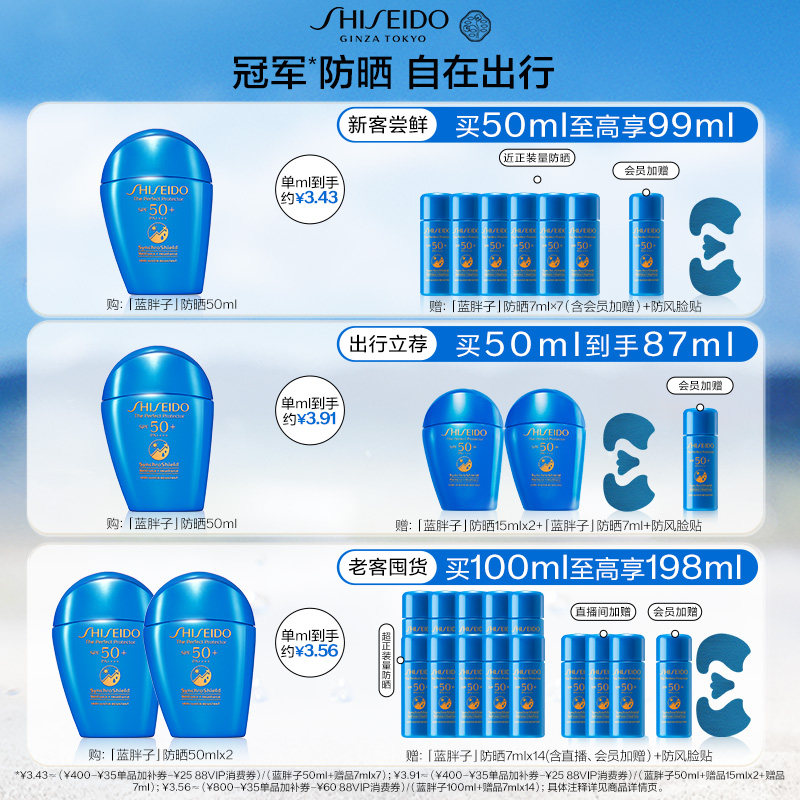 资生堂蓝胖子防晒霜乳液50ml面部抗光老养肤