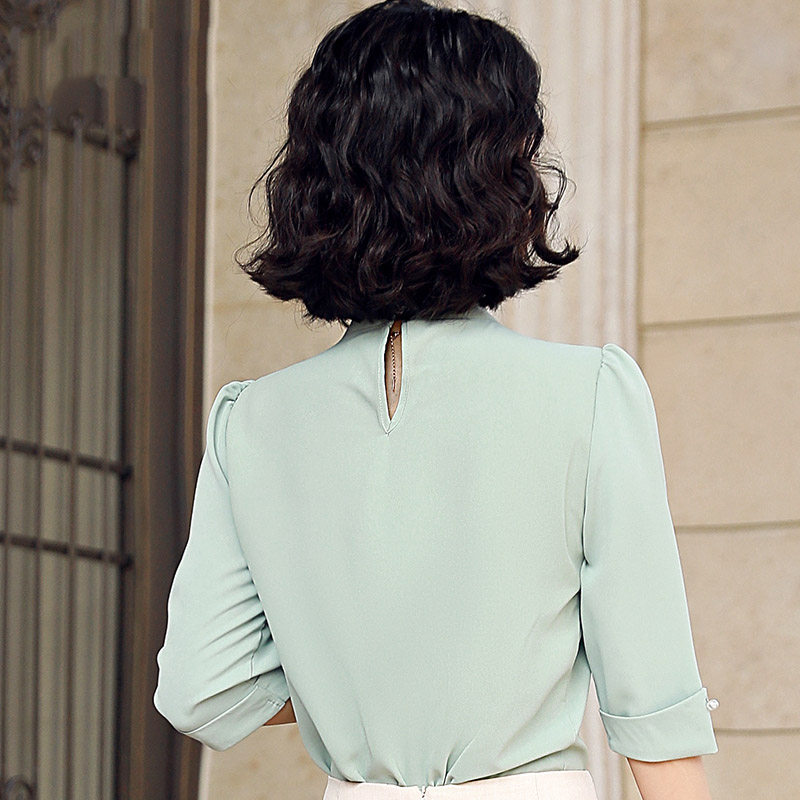 果绿七分袖韩版气质圆领雪纺衫衬衫 怡情姿衬衫