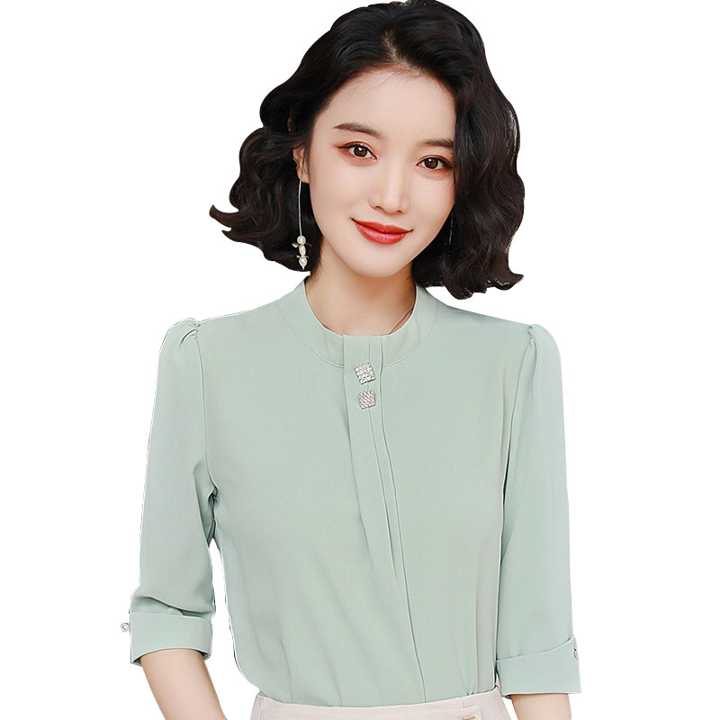 果绿七分袖韩版气质圆领雪纺衫衬衫 怡情姿衬衫