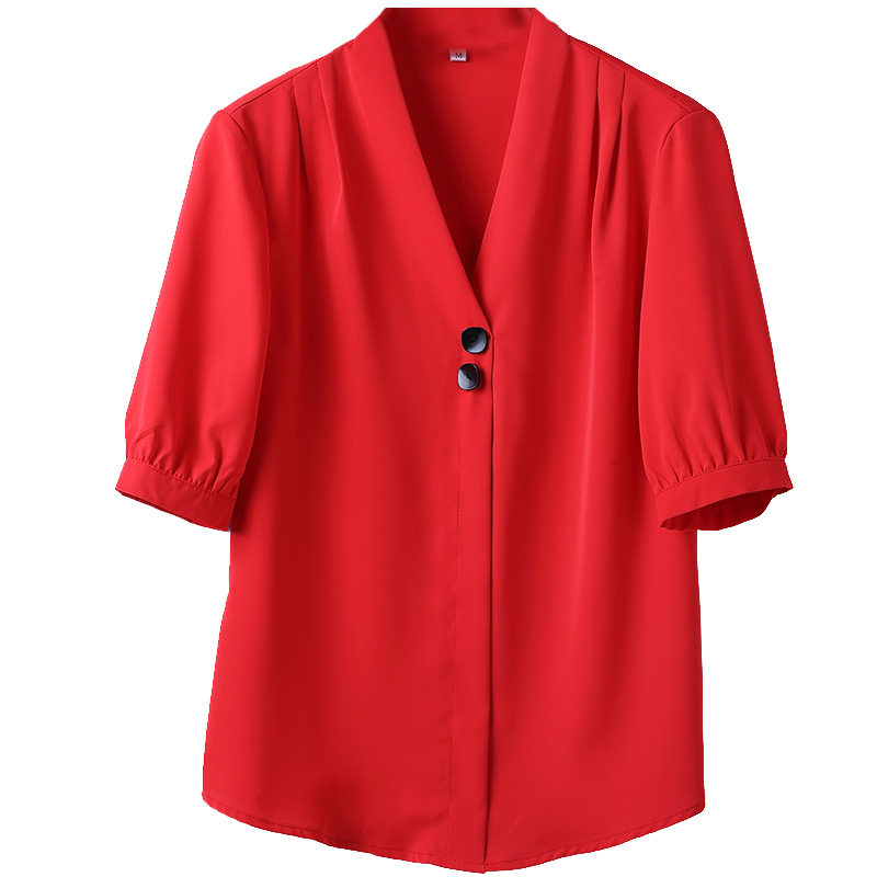 黄色中袖配半身裙的高端雪纺夏衬衫 怡情姿蕾丝衫/雪纺衫