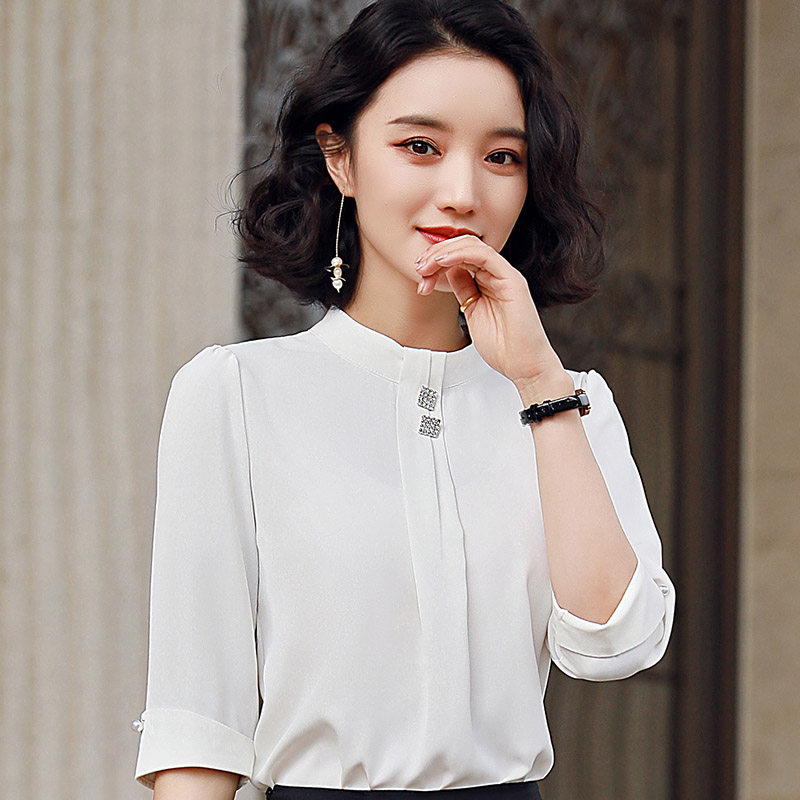 果绿七分袖韩版气质圆领雪纺衫衬衫 怡情姿衬衫