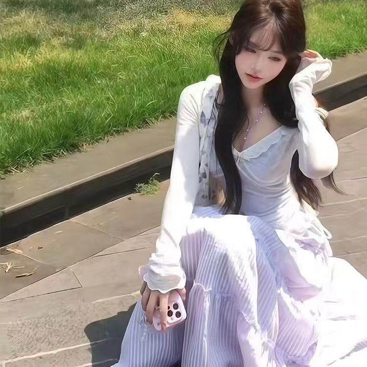 夏季新款甜美温柔风紫色吊带背心设计感防晒罩衫高腰半身裙套装女,淘宝优惠券,粉丝福利购,淘宝优惠卷