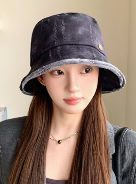 复古破洞军绿渔夫帽女显脸小
