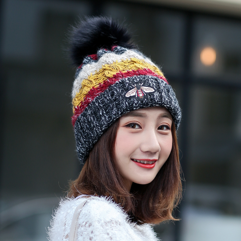 帽子女冬季毛球帽加绒加厚百搭时尚保暖针织毛线帽护耳防风月子帽