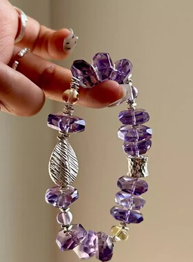 天然紫水晶切面手串紫黄晶纯银碎银子手链考研学习智慧女生礼物