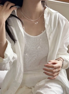 925银法式浪漫长款白水晶项链