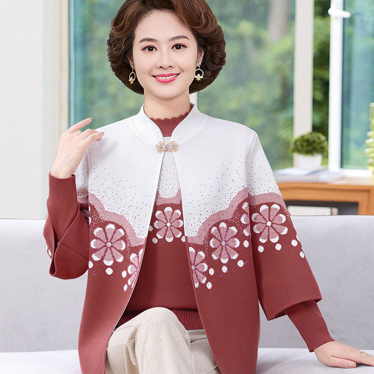 中老年妈妈秋装洋派针织结婚礼服两件式套装喜婆婆秋冬毛衣开衫外