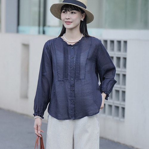 麻意 100%苎麻木耳领衬衫女长袖 2026夏季薄款风琴褶上衣 - 图1