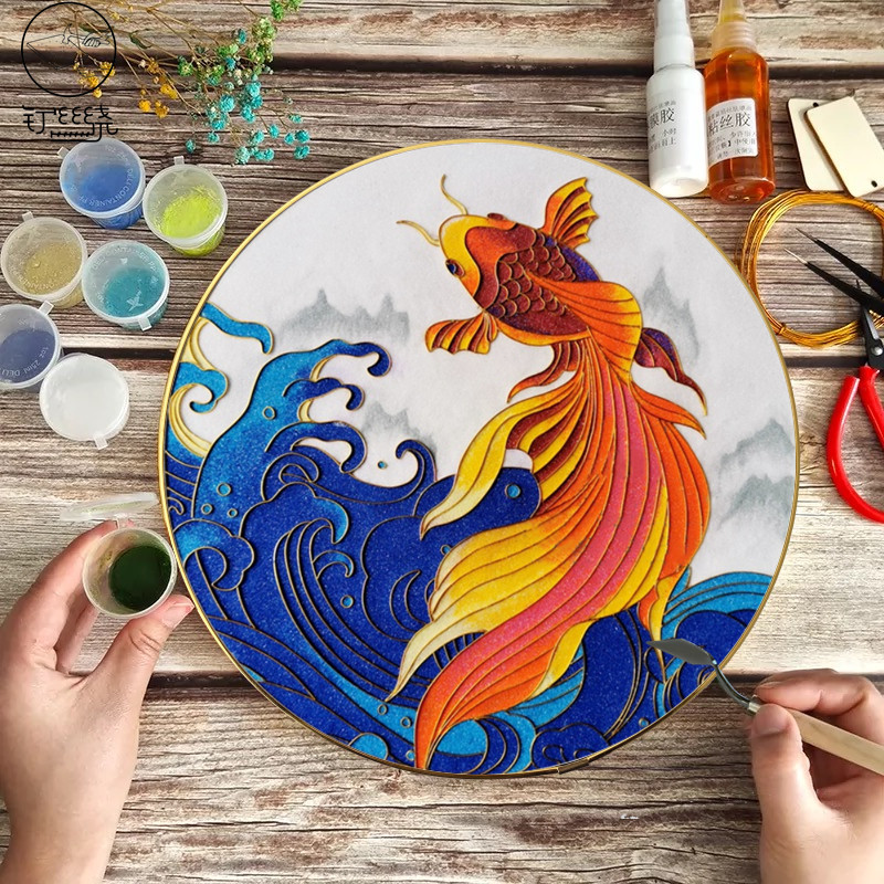 锦鲤手工画景泰蓝掐丝珐琅画diy材料包花鸟装饰画摆件非遗手工艺_虎窝淘