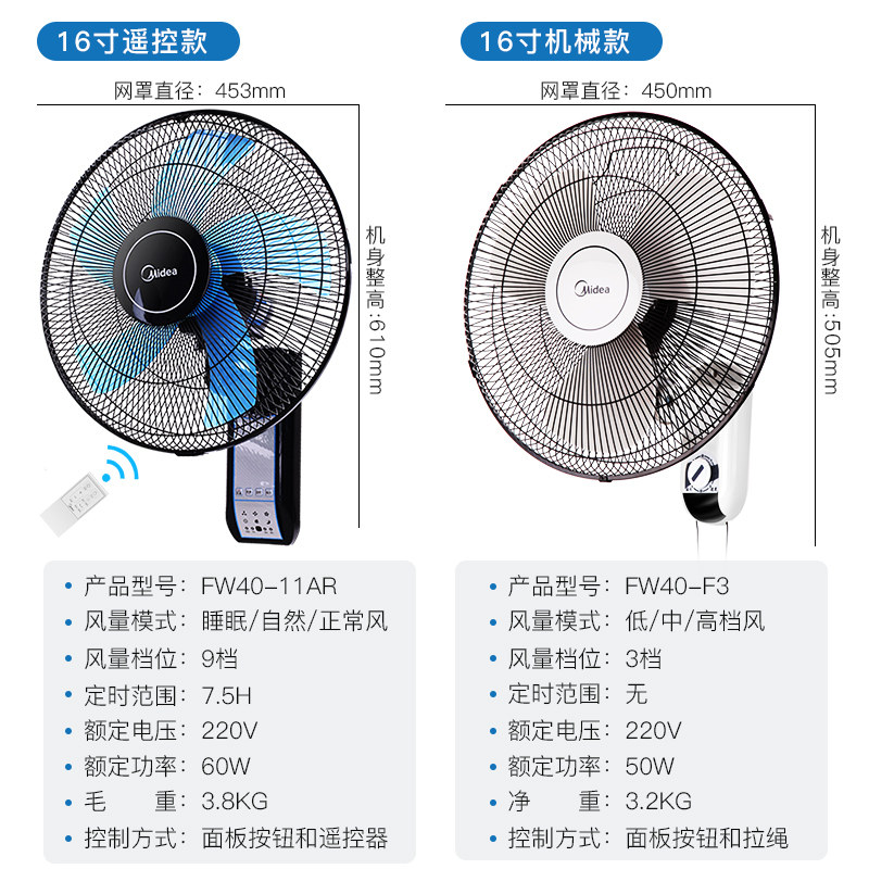 美的壁扇挂壁式家用强力摇头墙壁扇 美的邹风电风扇