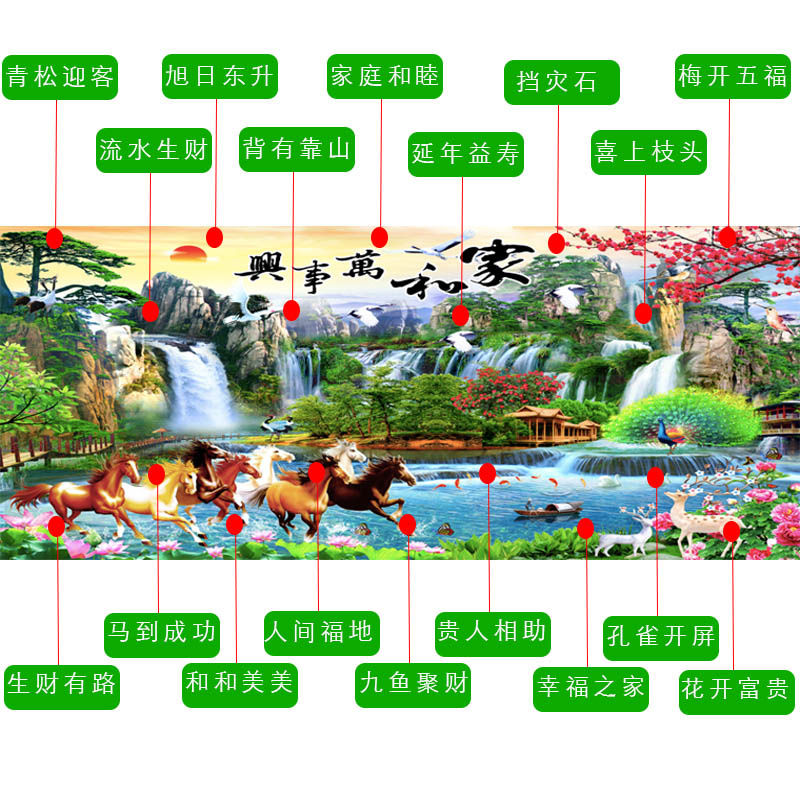 大幅大气钻石画满钻十字绣2023新款客厅家和万事兴八骏图山水画5D - 图2