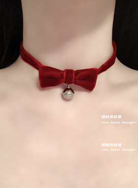 丝绒铃铛项圈颈链可爱蝴蝶结复古