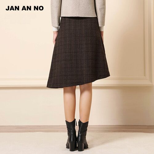 JAN AN NO简爱诺冬季深咖格纹羊毛不规则A摆半身裙J2060058DQ - 图1