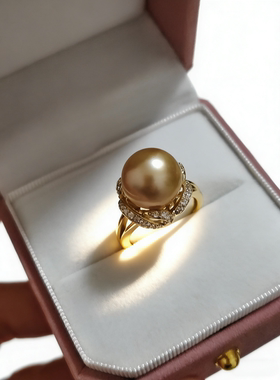 南洋金珠天然珍珠戒指S925银金色简约可调节11.7mm亏本无鉴赏孤品