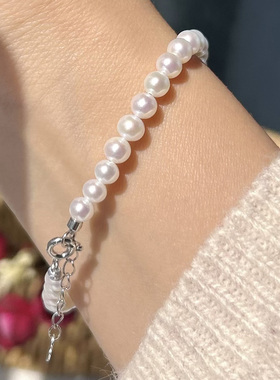 强光近圆淡水珠925纯银叠戴手串