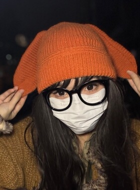 可爱兔子耳朵毛线帽女秋冬保暖针织帽百搭时尚包头帽子街头冷帽
