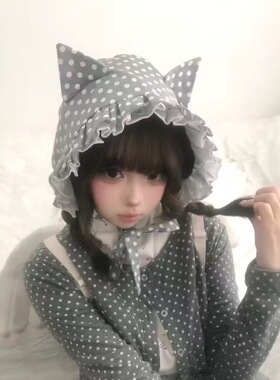 新款日系可爱波点猫耳朵渔夫帽女春夏百搭显脸小盆帽蕾丝花边绑带