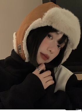 麂皮绒雷锋帽女秋冬防寒护耳加绒飞行帽户外骑车滑雪保暖包头帽子
