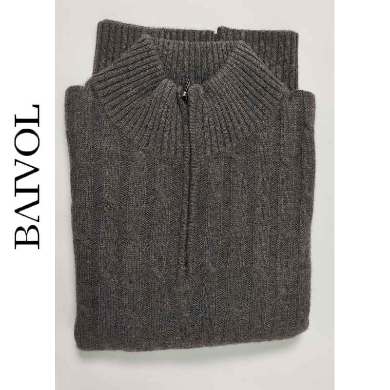 BAIVOL 休闲立领羊绒衫男冬季加厚扭花毛衣潮流半开拉链线衣 - 图0