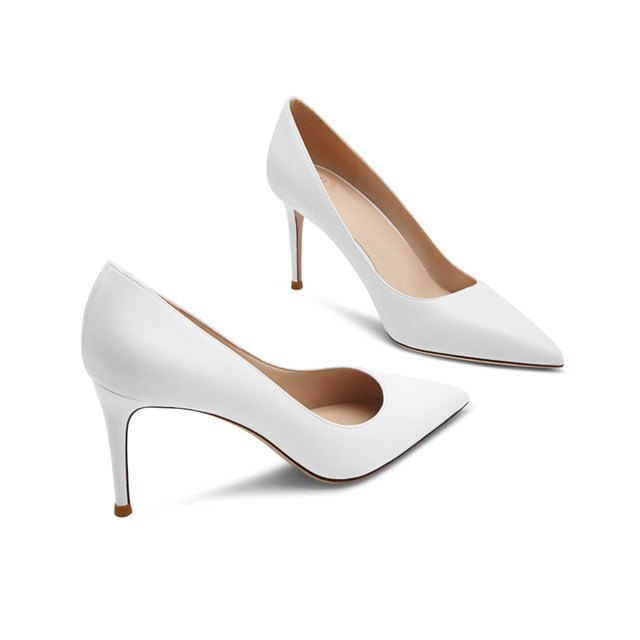 All-match white pointed leather high heels