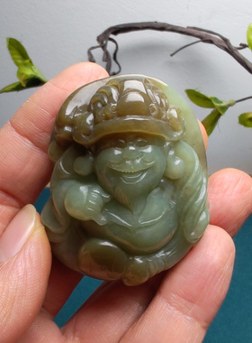 新疆和田玉且末糖青白财神小手把件苏工精品油润男女国风招财进宝