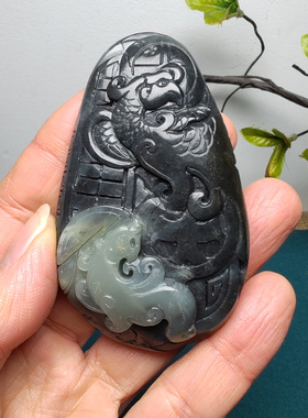 新疆和田玉籽玉青花墨玉仿古龙凤锦灰堆道手把件男女国风上善若水