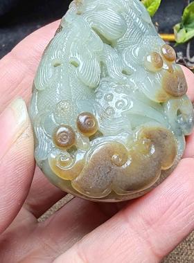 新疆和田玉且末糖青白玉双金鱼如意荷叶手把件精英男国风鸿运当头