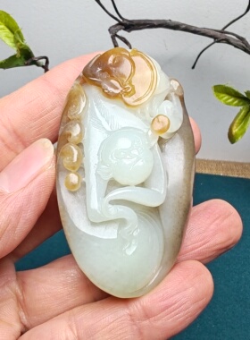 封侯和田玉糖白玉猴子蝙蝠荷叶把件细腻油润玉石玉器国风高档油润