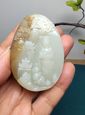 和田玉糖白玉山水意境观音牌子小把件手把件大师级油润男无穷般若