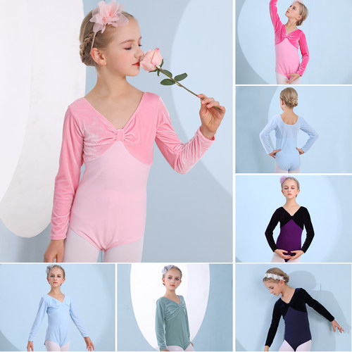 儿童舞蹈服女秋冬长袖中国舞女孩跳舞考级金丝绒连体练功服装 - 图0